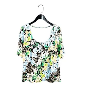 H&M Black Blue Green Floral Button Front Scoop Neck Jersey T-Shirt - Size M - Picture 1 of 12