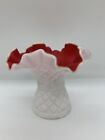 Vnt Kanawha glass co milk glass Diamond & Dot pattern Ruffled Vase W/ Red Stain