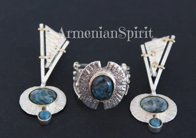Pendientes Espíritu Armenio Anillo Plata Dorada 925 Azul Crisocola Piedras Preciosas CONJUNTO Foto 1 de 4