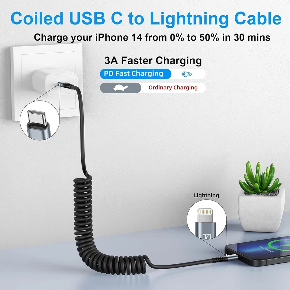 Kiyoda 3ft/3ft Coiled Charger Cables USB-C to USB-C iPhone Cable 2 in 1 - Image 1 of 2