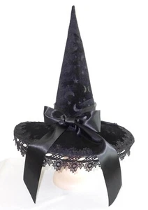 Black Velvet Celestial Moon Stars Lace Witch Hat Womens Halloween Costume - Picture 1 of 1