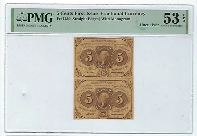 US 5c Fractional Currency strip of 2, 1st Issue FR 1230 PMG 53 EPQ - Image 1 of 2
