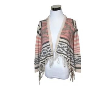 Say What ? Girls Cardigan Size M Pink Gray Aztec Open Waterfall Youth Fringe - Picture 1 of 9
