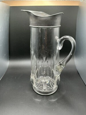 Jarra de panel colonial de vidrio Heisey vintage de 11,5”, borde de cuentas de metal Foto 1 de 4