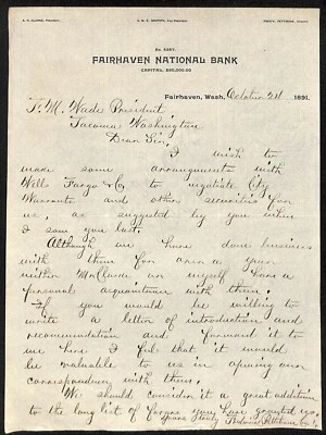 Fairhaven National Bank WA 1891. ALS Membrete re: Wells Fargo & City Warrants Foto 1 de 2