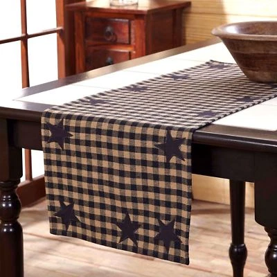 Black Star Patch Table Runner Country Checks Dark Khaki Tan 36" Long 100% Cotton - Image 1 of 4