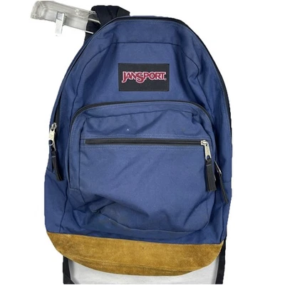 Mochila Jansport Vintage Azul Marino y Negra con Fondo de Cuero Gamuza Marrón Foto 1 de 4