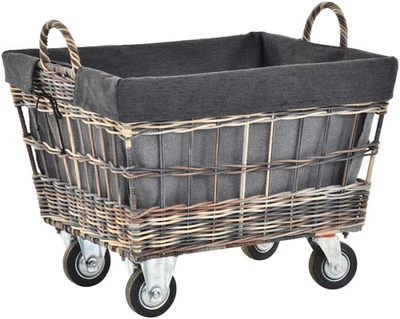 Holzwagen mit Rollen / Kaminholzwagen aus Rattan/ mit Stoffinlett/ Mehrfarbig - Bild 1 von 4