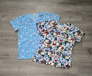 Lot of 2 Christmas Themed Medical Scrub Tops Womens Medium - Picture 1 of 11