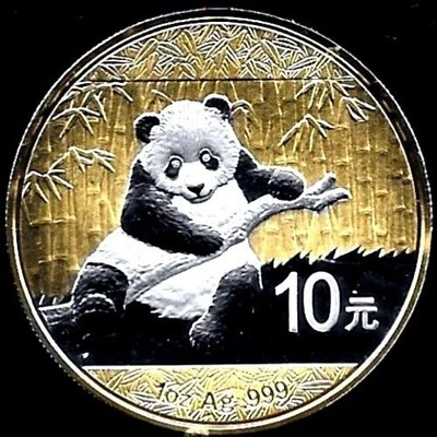 Moneda Mundial 2014 China 10 Yuanes Oro 24k Dorado Panda 999 Plata BU ASW .999 Foto 1 de 2