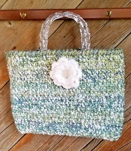 Shabby Chic, Boho Häkel Handtasche, Handtasche, Beuteltasche, Laptopträger - Grün & Weiß - Bild 1 von 4