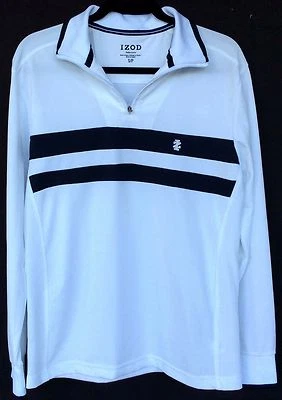 Izod 高尔夫男式 S/P 码白色和海军蓝长袖修身版型 1/4 拉链套衫二手状况完好 — 第 1/4 张图片