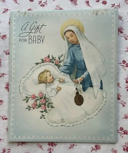Tarjeta de felicitación vintage de mediados de siglo con medalla milagrosa María regalo para bebé SIN USAR - Imagen 1 de 6
