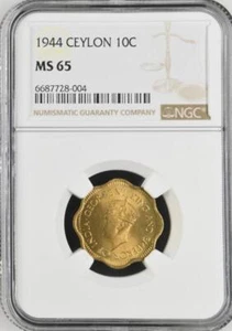 Ceylon 10 Cents 1944 NGC MS 65 - Picture 1 of 2