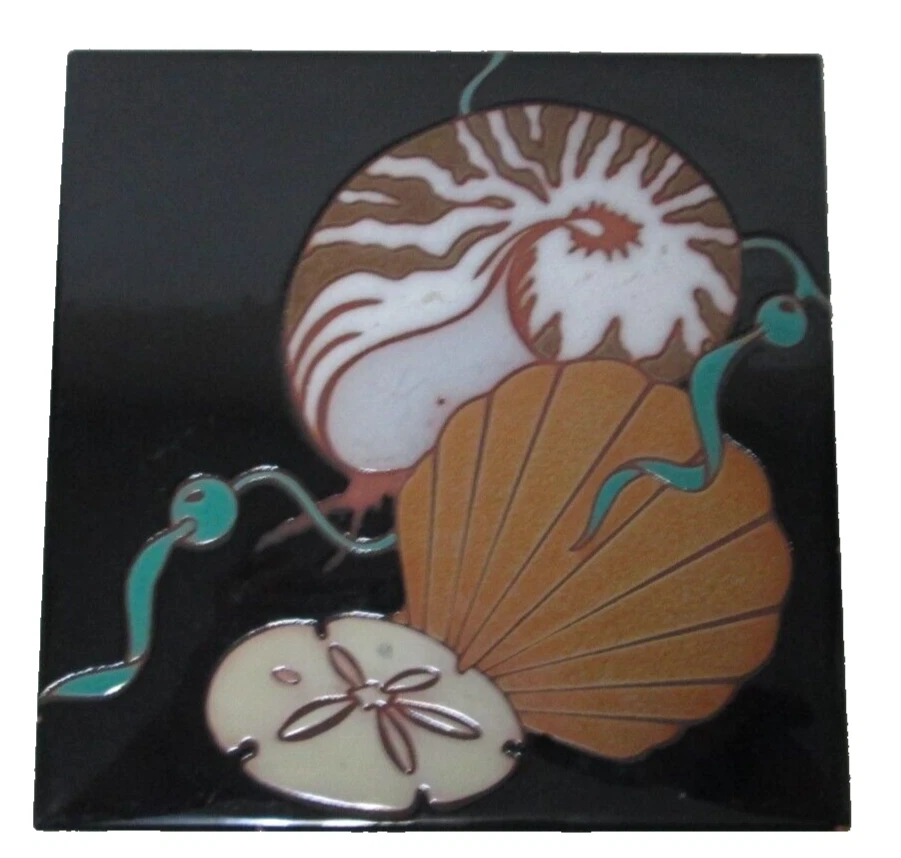 Vintage Arius Tile Co Art Pottery Tile Trivet Beach Seashells Decor Italy 8 x 8 - Image 1 of 4