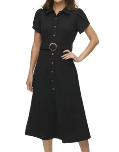CALVIN KLEIN TULIP SLEEVE FIT&FLARE , BELTED MIDI DRESS, BLACK , SIZE 10 NWT - Picture 1 of 9