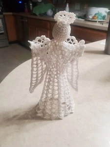 Hand Crocheted Christmas Angel Tree Topper White 7 1/2 " Heavy Starched - Picture 1 of 4