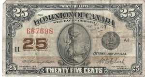 CANADA BANKNOTE 25 P11c 1937 aF -tiny tiny centre hole - Picture 1 of 2