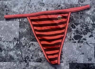 NUEVO CON ETIQUETAS BRAGAS VICTORIA'S SECRET L MARRÓN A RAYAS 100% ALGODÓN VINTAGE RARAS CADENA EN V Foto 1 de 4