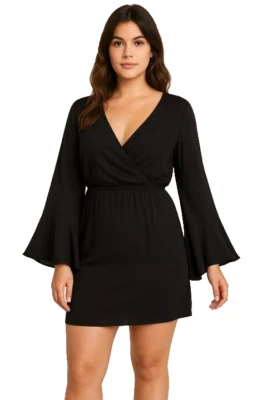 Vestido Freebird L Negro Boho Manga Campana Cuello en V Profundo Festival Mini Foto 1 de 4