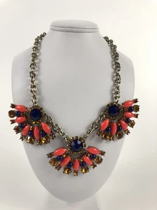 J Crew Orange Purple Resin Rhinestone Cluster Statement Necklace Coral - Picture 1 of 4