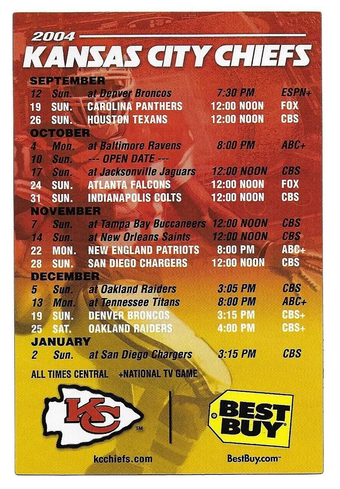 Kansas City Chiefs 2004 Schedule Magnet SGA 9/19/04 Priest Holmes Green Gonzalez - Image 1 of 1