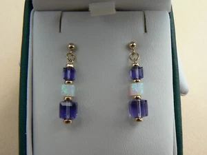 Deco style 14ct gold filled earrings with White Opals & Tanzanite crystal cubes - Picture 1 of 4