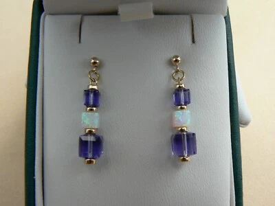 Deco style 14ct gold filled earrings with White Opals & Tanzanite crystal cubes - Image 1 of 4