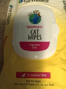 Hypo Allergenic Cat Grooming Wipes Fragrance Free 100 Count By Earthbath - Picture 1 of 1