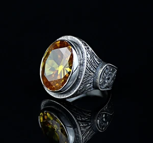925 Herren Silber Gravur Citrin Stein Herren Gravur Bandring - Bild 1 von 9