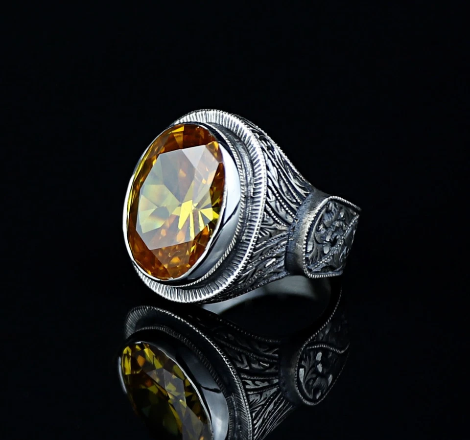 Anillo de plata 925 grabada con piedra citrina para hombre Foto 1 de 4