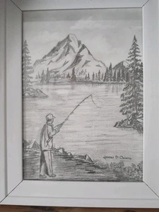 Pencil Sketch fisherman on lake 5"×7" framed/signed graphite Cape May artist - Picture 1 of 3
