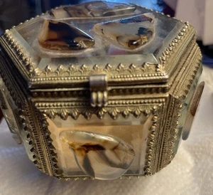 Jewelry Casket ATG Glass & Brass & Rocks Hexagon Clear Beveled Footed Lidded - Picture 1 of 8