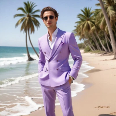 薰衣草双排扣西装男式优雅 2 件套修身休闲套装 — 第 1/4 张图片