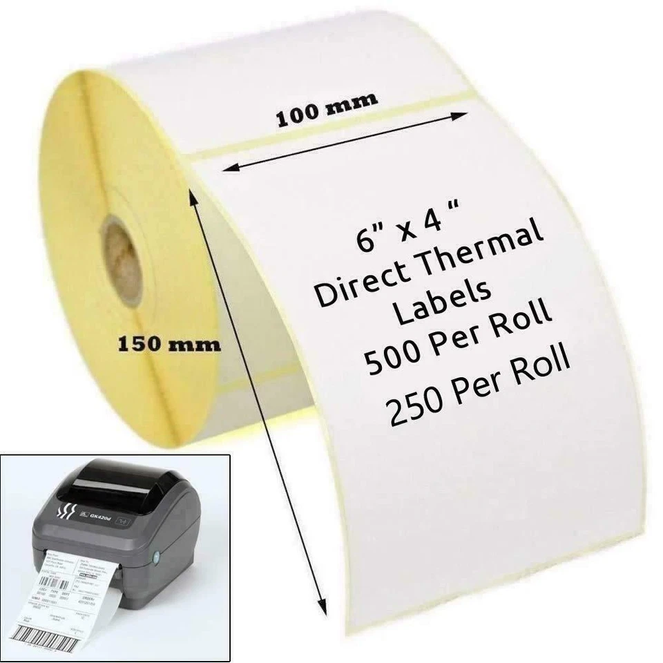 MEGALABELS 4X6" 100X150MM DIRECT THERMAL LABELS 250/ROLL ZEBRA CITIZEN RM EVRI 6X4 CHEAPEST