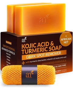 Kojic Acid Soap + African Net Sponge (2 Pack X 142G Turmeric Bars) Dark Spot Rem - Picture 1 of 12