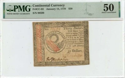 1779 January 14, $30 Continental Currency FR#CC-93 PMG AU50 - Image 1 of 2
