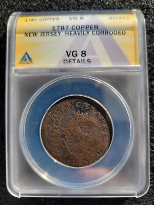 Old 1787 New Jersey Colonial Copper US Coin Rare Variety 63-r ANACS VG8 Details - Image 1 of 4