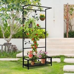 Raised Garden Bed with Trellis Metal Planter Box for Climbing Potted Plants - Picture 1 of 17