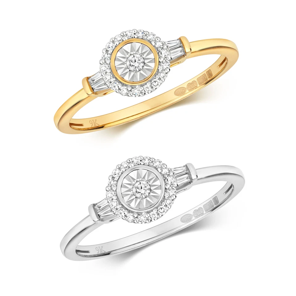 Bague Solitaire Fiancailles Or Blanc/Jaune 9 k/carat et Diamant 0.13 Carat - Photo 1/1