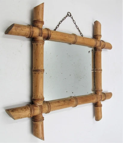 Vintage French 16.5"x14" TURNED WOOD FAUX BAMBOO WALL MIRROR 41.5 x 36cm FOXED Cover