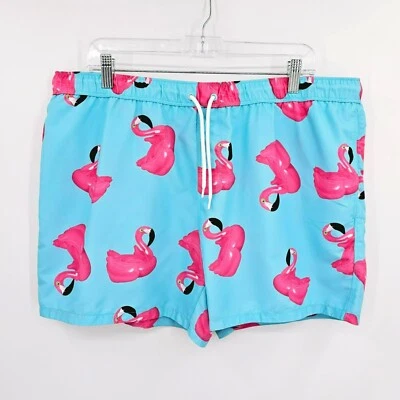 Pantalones Cortos de Natación Asos 2XL Azul Rosa Estampado Flamenco Bolsillos Sin Forro Cintura Elástica Corbata Foto 1 de 4