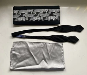 Safari Theme Cumberbund Pocket Square Bow Tie Black Silver Tiger Silk NOS Prom - Picture 1 of 8