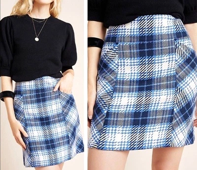 MAEVE Anthropologie TWEED Cremallera BOLSILLOS LATERALES MINI FALDA LÁPIZ A CUADROS AZUL Talla 4 Foto 1 de 4