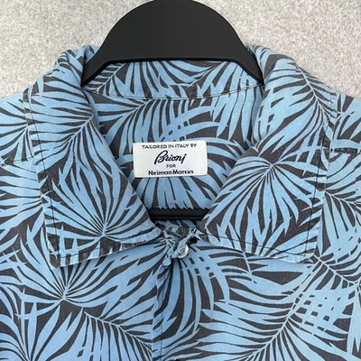 Brioni Neiman Marcus Men’s XL Blue Patterned Tropical Leaves Rayon Button Up - Image 1 of 4