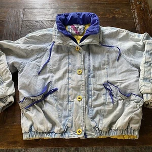 VTG 80s 90s GITANO Acid / Stone Wash Denim Puffer Coat Purple Yellow Buttons S - Picture 1 of 17