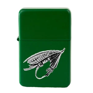 F29 Large Fly fishing Pewter design on a GREEN flip top petrol lighter windproof - Picture 1 of 1