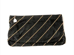Vintage Whiting & Davis Mesh Clutch Purse-Black W/ Gold Pinstripe-9.5”x5” Clean! - Picture 1 of 24