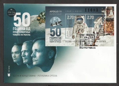 2019 BOSNIA - MOON LANDING 50TH ANNIVERSARY MINI SHEET  ON FDC Cover
