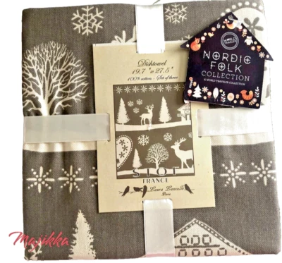 Stof Christmas Tree Reindeer Fabric Napkins Gray White Scandinavian Set of 4 - Image 1 of 4